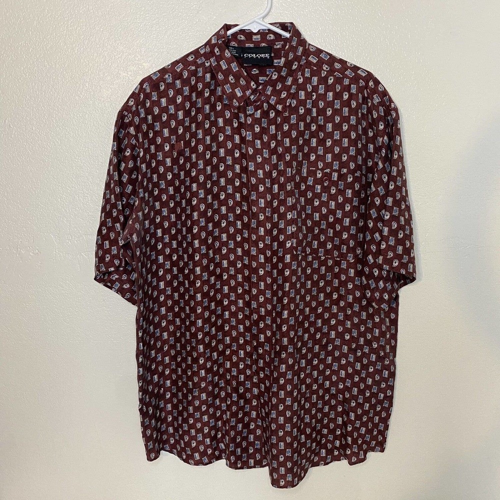 Vintage Colore Italia 100% Silk Short Sleeve Button Up Shirt Red Size L - x